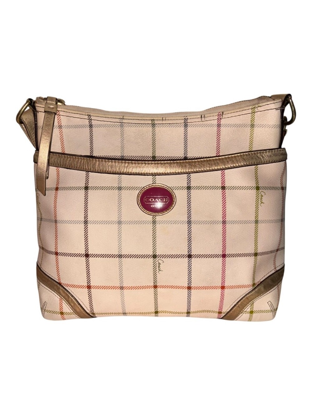 Coach Peyton Tattersall Crossbody Handbag With Leather Trim Plaid Purse